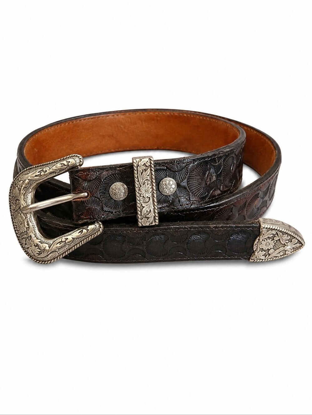 Vtg Tooled Leather Floral Buckle Cowgirl Belt